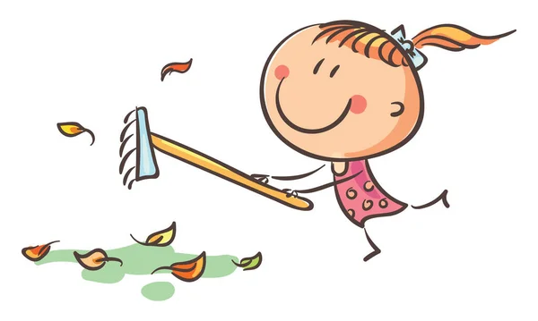 Girl Rakes Autumn Leaves Doodle Cartoon Happy Kid Vector Clipart — Stock Vector