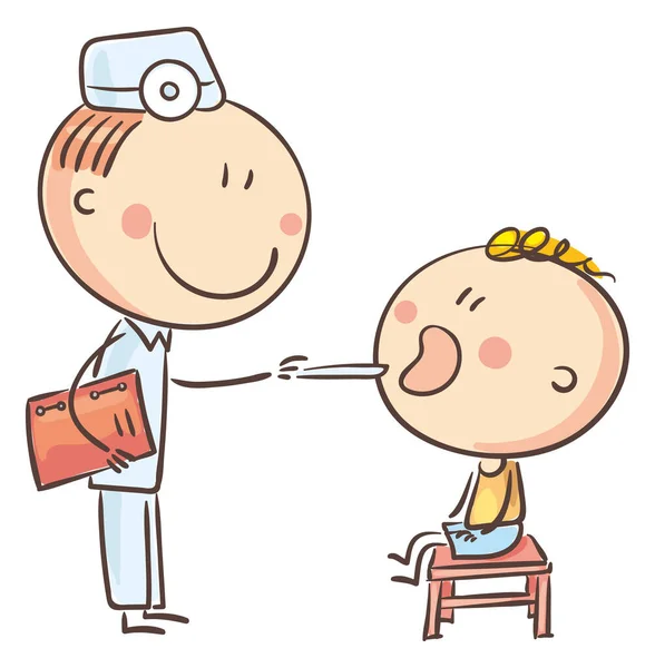 Little Doodle Boy Doctor Office Cartoon Vector Illustration Child Health — Vetor de Stock
