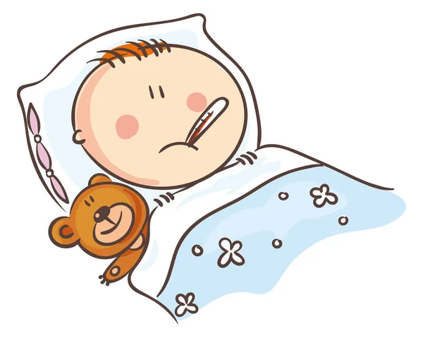 Cartoon Child Feeling Unwell Little Boy Suffering High Temperature Vector — Stock Vector