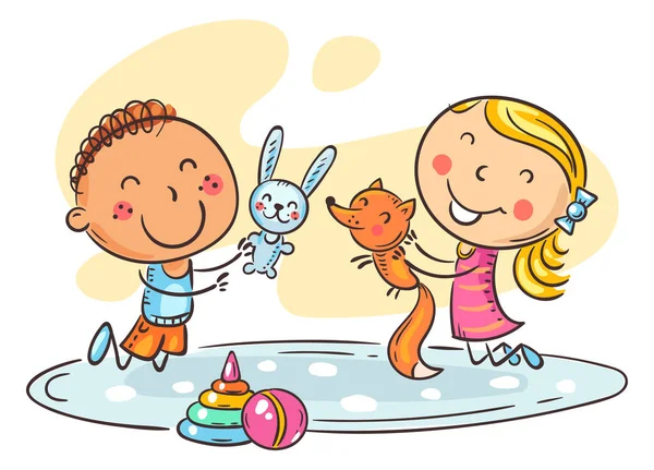 Doodle Szczęśliwe Kreskówki Dzieci Bawiące Się Zabawkami Dywanie Ilustracja Kliparty — Wektor stockowy