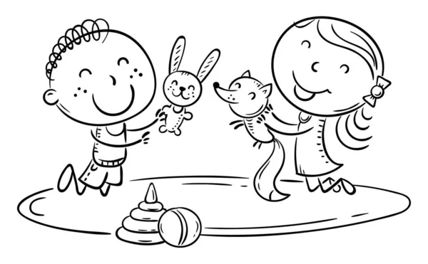 カーペットの上でおもちゃで遊んでいる幸せな小さな子供たちを笑顔 概要漫画ベクトルクリップイラスト — ストックベクタ