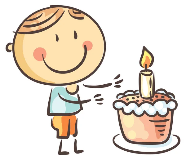 漫画幸せな男の子とともに誕生日ケーキ 小さな子供 お祝いイベント ベクトルクリップイラスト — ストックベクタ