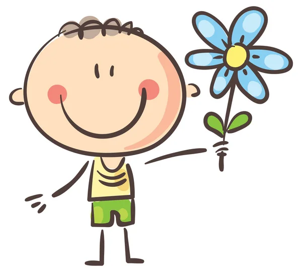 Doodle Liten Pojke Med Blå Blomma Tecknad Unge Vektor Illustration — Stock vektor