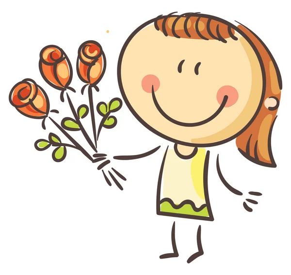 Cartoon Happy Girl Bouquet Roses Smiling Kid Congratulate Celebrate Event — Stock Vector