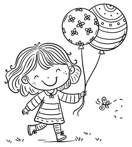 屋外を散歩する風船を持つかわいい漫画の少女 子供のための絵本のページ 黒と白のベクトルイラスト — ストックベクタ