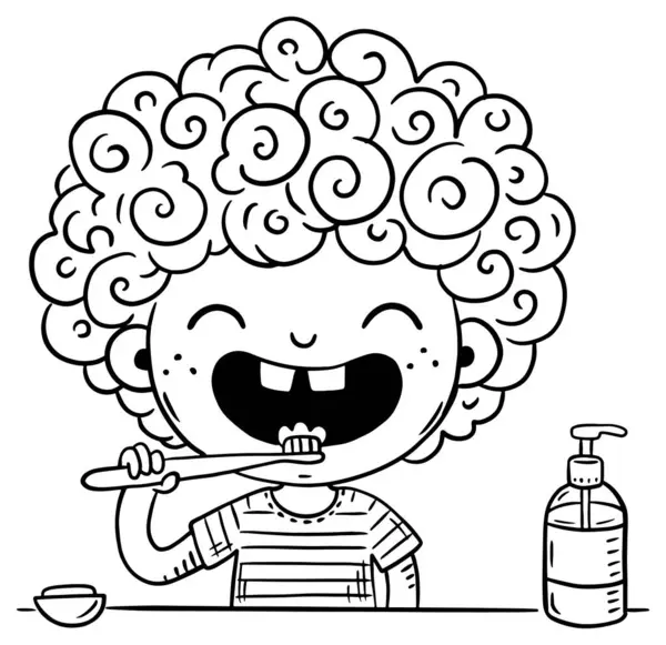 Маленький Мультяшный Ребенок Чистит Зубы Ежедневная Рутина Хорошая Гигиена Книга Векторная Графика