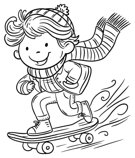 Usmívající Kreslený Scateboard Dospívající Chlapec Zimním Oblečení Omalovánky Izolovaná Ilustrace — Stockový vektor