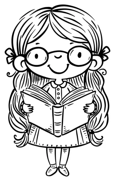 Niña Dibujos Animados Sonriente Con Gafas Pie Leyendo Libro Ilustración — Archivo Imágenes Vectoriales