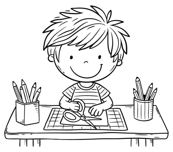 卡通快乐的男孩坐在桌旁剪纸 儿童的创造性活动 线条艺术矢量图解 为儿童著色书页 免版税图库矢量图片