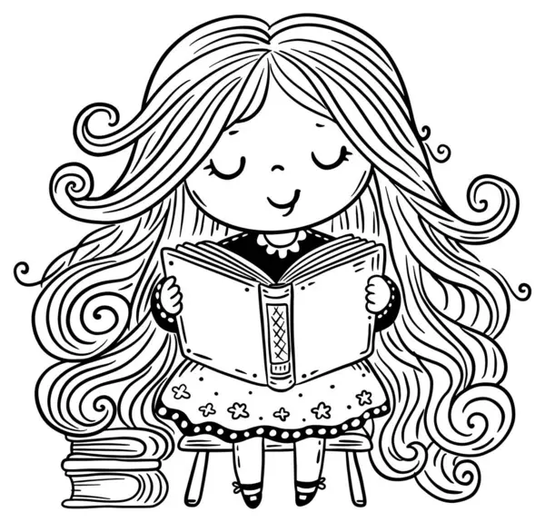 Nette Cartoon Schulmädchen Sitzen Und Ein Buch Lesen Vereinzelte Schwarz — Stockvektor