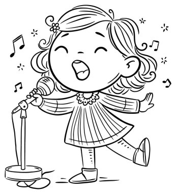 Çizgi filmdeki küçük kız sahnede dururken mikrofona şarkı söylüyor. Taslak vektör çizimi. Çocuklar için boyama kitabı sayfası
