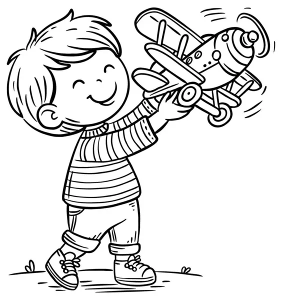 Roztomilý Kreslený Chlapeček Hrající Venku Hračkou Letadla Obrazovka Vektoru Čáry — Stockový vektor