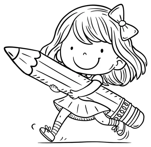 笑着拿着大铅笔的小女孩 孤立的黑白矢量图解 为儿童著色书页 矢量图形