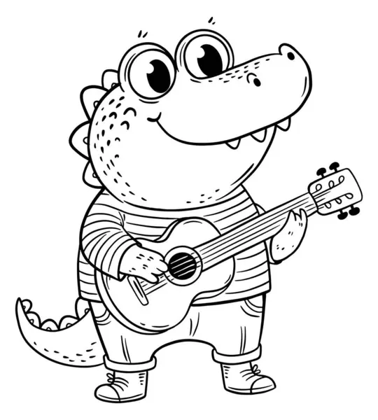 卡通可爱的笑脸鳄鱼站在那里弹吉他 黑白矢量图解 儿童彩色书页 免版税图库插图