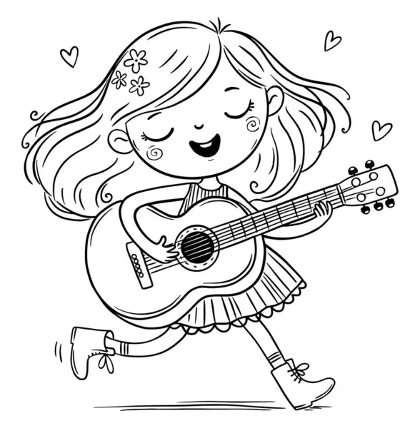 可爱的卡通女孩唱歌和弹吉他 孩子们倾向于 线条艺术矢量图解 为儿童著色书页 图库插图
