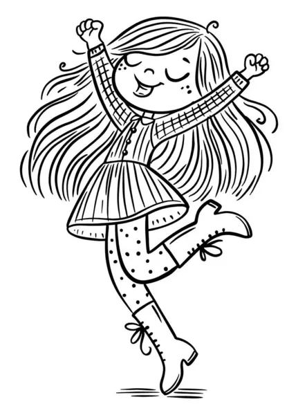 一个可爱的卡通女孩快乐地跳舞 孤立的概要向量说明 儿童彩色书页 免版税图库插图