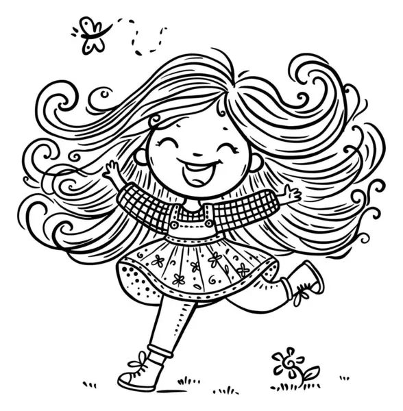 Happy Cartoon Girl Berjalan Luar Ruangan Ilustrasi Vektor Garis Besar Stok Vektor