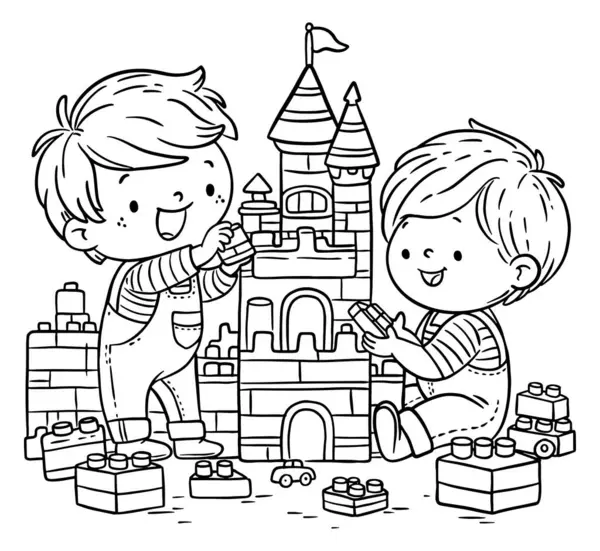 卡通小孩玩积木城堡 可爱的小男孩一起玩 黑白矢量图解 儿童彩色书页 免版税图库插图
