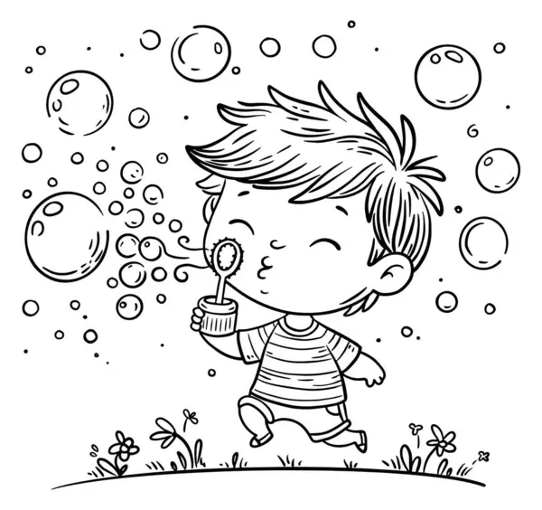 孩子吹肥皂泡 卡通小男孩在户外玩耍 夏天活动的一部分 概要矢量说明 彩色书页 矢量图形