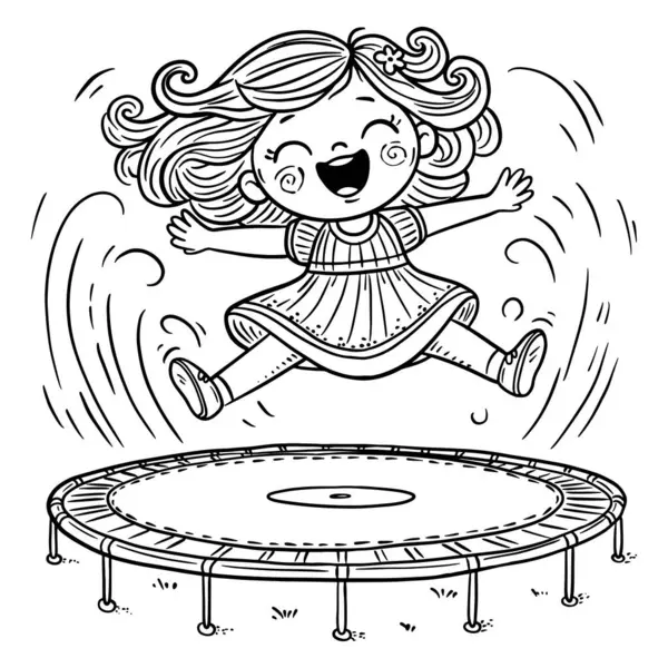 トランポリンに飛び乗る漫画の幸せな少女 アウトドアアクティビティクリップ アウトラインベクトルイラスト カラーリングブックページ ストックベクター