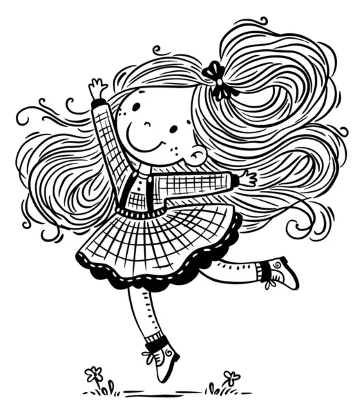 Happy Cartoon Girl Dances Outdoors Isolated Outline Vector Illustration Coloring Wektory Stockowe bez tantiem