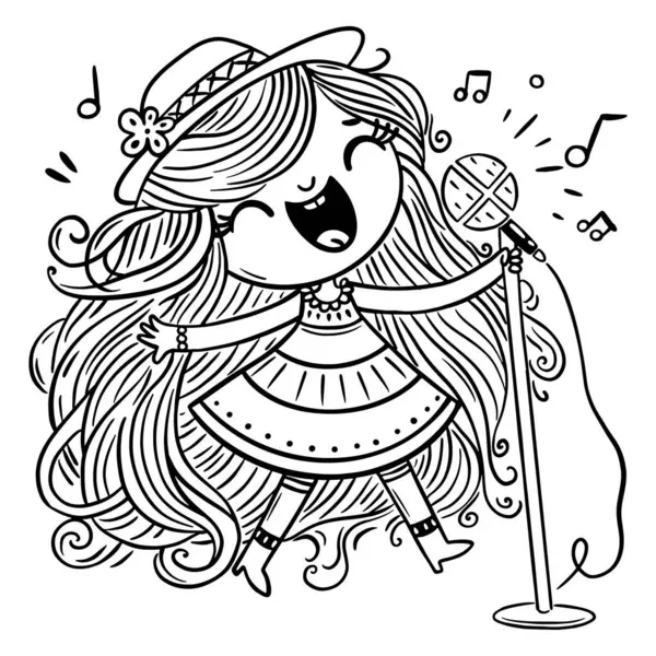 Cute Cartoon Girl Singing Folk Song Microphone While Standing Stage 矢量图形