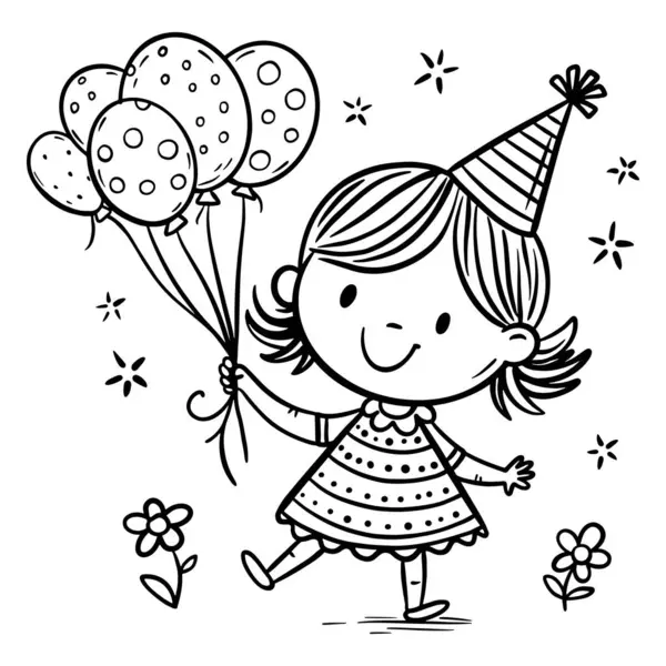 バースデーキャップでかわいい漫画の少女が風船で屋外を歩いている 子供の誕生日クリップアウトラインベクターのイラスト 子供のための絵本のページ ベクターグラフィックス