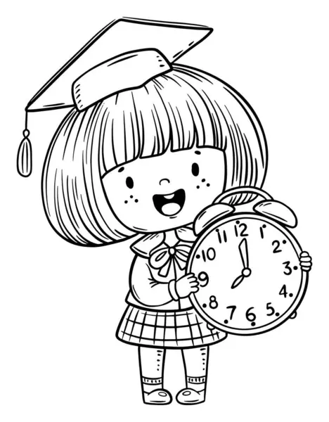 漫画の小さな小学生は 時間を教え 時計を読む方法を教えています 子供が時間を語る 黒と白のベクトルイラスト ストックベクター