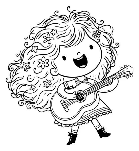 Cartoon Little Girl Plays Guitar Kids Creative Activities Clipart Outline Stock Vektory