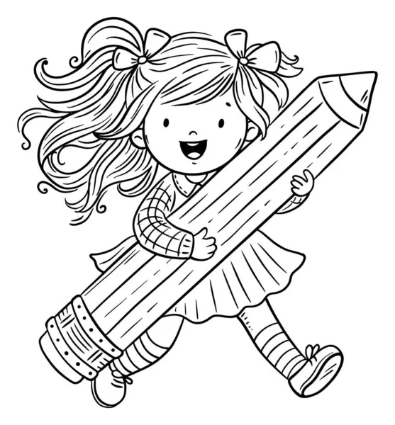 漫画の幸せな少女は大きな鉛筆を持っています 黒と白のベクトルのイラストを分離しました 子供のための絵本のページ ストックイラスト