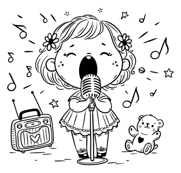 かわいい漫画の少女がマイクに歌を歌っている 黒と白のベクトルのイラストを分離しました 子供のための絵本のページ ストックイラスト