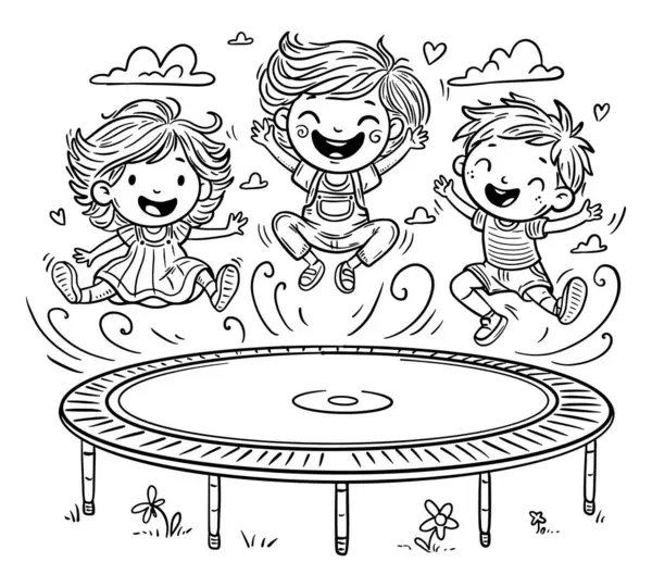 漫画の幸せな子供たちはトランポリンでジャンプします 子供の夏のアクティビティクリップ アウトラインベクトルイラスト カラーリングブックページ ロイヤリティフリーのストックイラスト