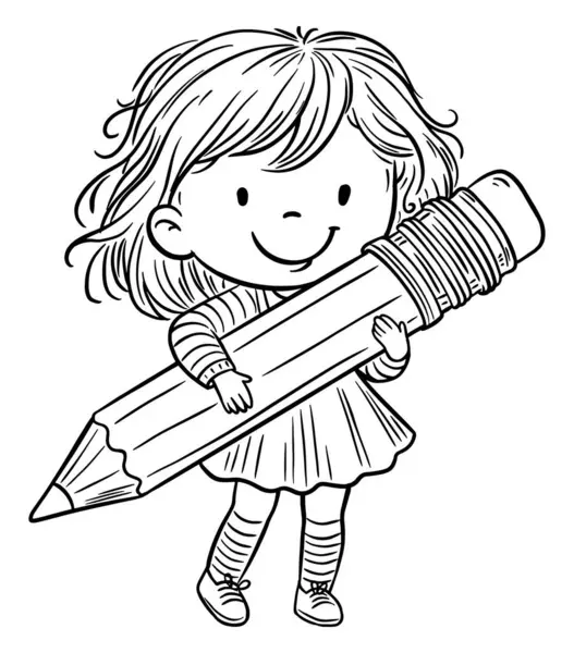 鉛筆を持っているかわいい漫画の小さな子供 鉛筆を持った未就学児 教育コンセプト 孤立した黒と白のイラスト カラーリングページ ロイヤリティフリーストックベクター