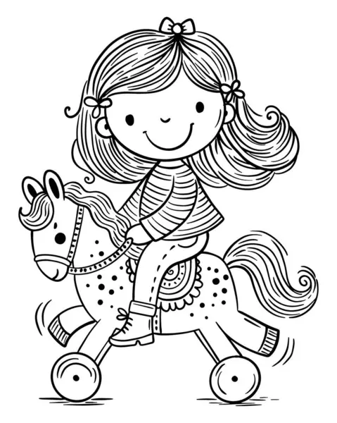 かわいい漫画の小さな子供の少女はおもちゃの馬に乗っています 隔離された子供のクリップパート 黒と白のイラスト カラーリングページ ロイヤリティフリーストックベクター