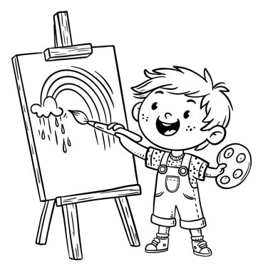 Küçük bir karikatür sanatçısı sehpaya resim çiziyor. Çocukların yaratıcı aktiviteleri tırmanıyor. İzole edilmiş dış hat vektör illüstrasyonu