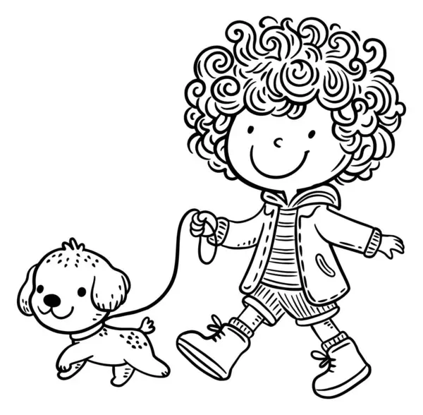 かわいい髪の少年が犬と一緒に歩いている 隔離された黒と白の漫画の子供のベクターのイラスト ストックベクター