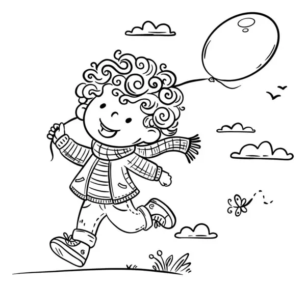 アウトドアを歩く風船を持つ漫画の小さな子供 アウトラインキッズアクティビティベクターイラスト ベクターグラフィックス