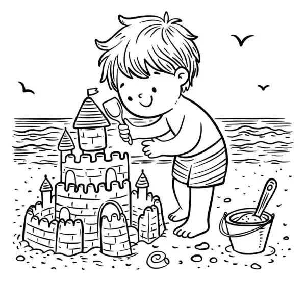 小さな子供がビーチに砂の城を建てています 子供の夏のアクティビティクリップ 黒と白のベクトルイラスト ロイヤリティフリーストックベクター