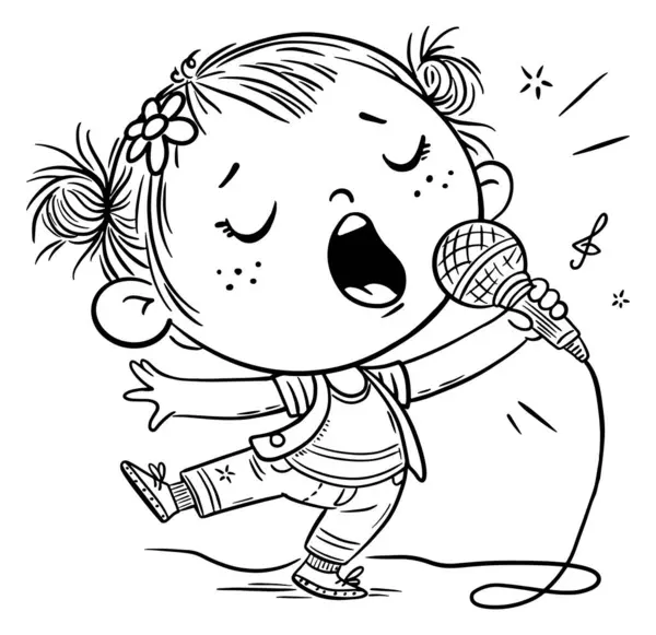 Fetița Desene Animate Cântă Melodie Emoțional Într Microfon Ilustrație Vectorială Ilustrație de stoc