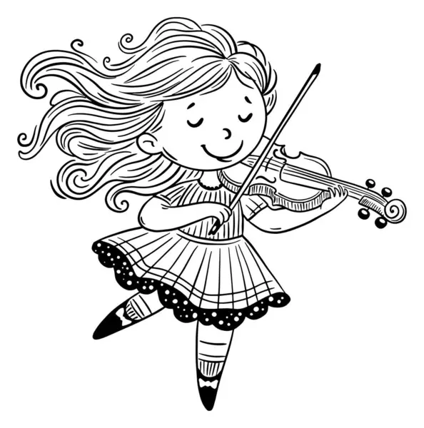 Cute Cartoon Girl Plays Music Violin Isolated Black White Vector Stockvector