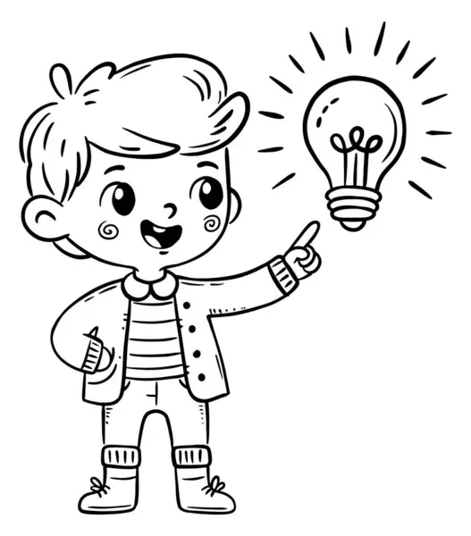 電球を持った漫画の子供 コンセプト アイデア ソリューションの黒と白のイラスト ロイヤリティフリーのストックイラスト