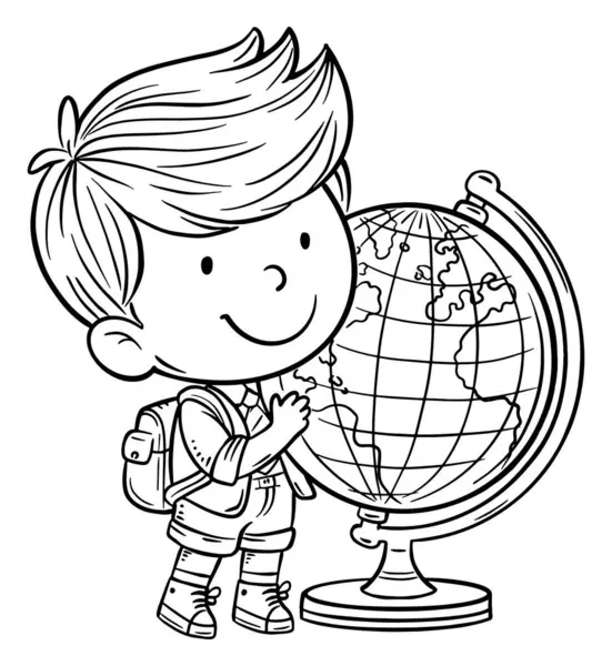 バックパックと地球の可愛い漫画の少年 旅行者の子供と隔離された黒と白のイラスト ストックイラスト
