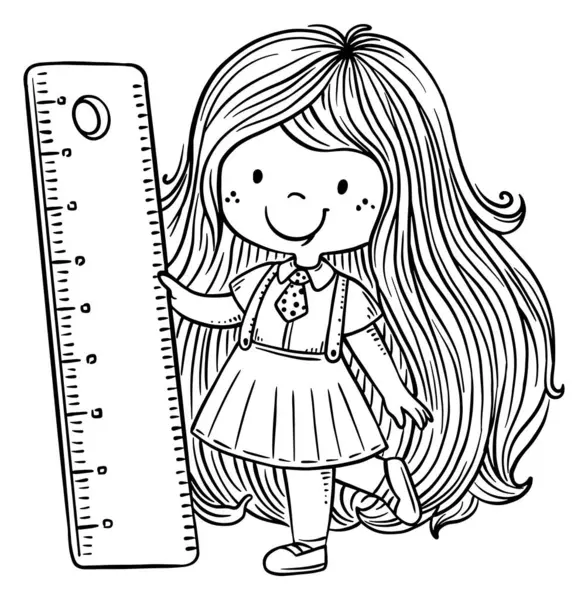 支配者を支配するかわいい漫画の少女 幸せな学校の子供の孤立した黒と白のイラスト ロイヤリティフリーストックベクター