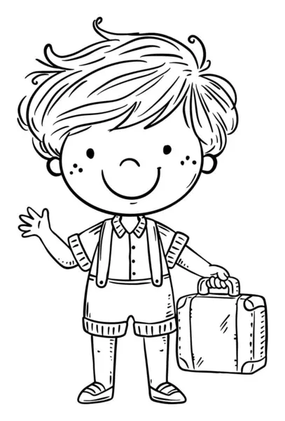 スーツケースを持ったかわいい漫画の少年 旅行者の子供の孤立した黒と白の図 ロイヤリティフリーのストックイラスト