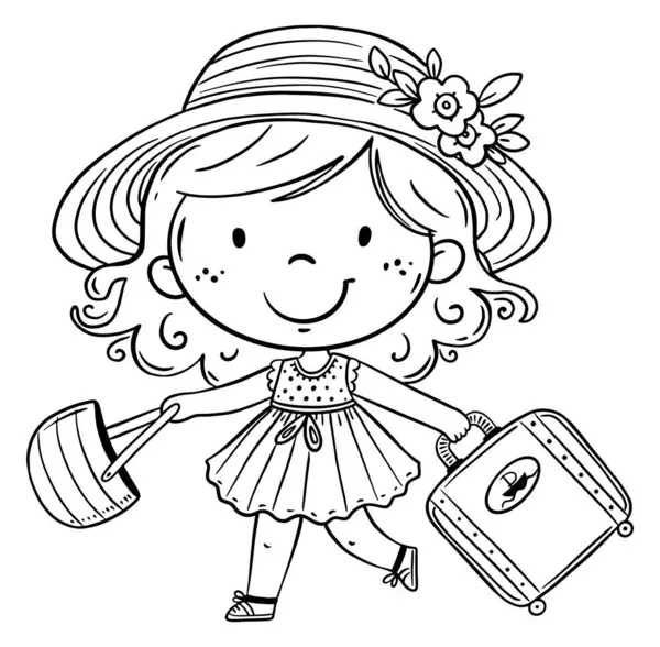 スーツケースが付いているかわいい漫画の少女は休暇に行きます 旅行者の子供の孤立した黒と白の図 ストックベクター