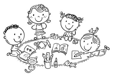 Halıda oynayan çizgi film çocukları. Çocuklar yaratıcı aktiviteler yapar. Küçük oğlanlar ve kızlar birlikte zanaat yapmayı severler. Çizim çizimi, renklendirme sayfası