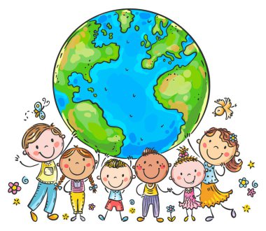 Mutlu çizgi film çocukları farklı yaşlarda ve farklı uluslarda barış ve dünya birliğinin ve küresel iletişimin sembolü olarak Globe ile