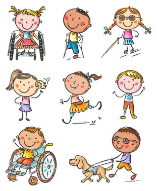 Set of cartoon cute disabled kids with special needs, disability children. Girls and boys with deafness, blindness, amputated limbs clipart