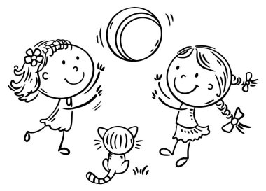 Mutlu iki çizgi film kızı top oynuyor. Çocuk iletişimi, açık hava aktiviteleri, iş birliği ana hatları. Siyah ve beyaz vektör çizimi