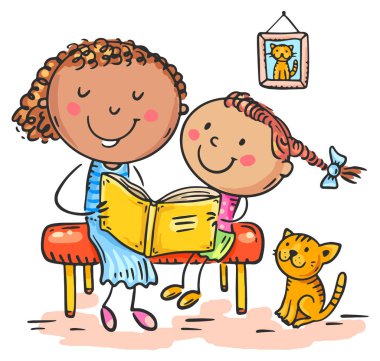Mutlu anne-kız çizgi filmi oturup birlikte kitap okuyor. Aile aktivitesi, çocuklu bekar bir ebeveyn. Ebeveynlik, annelik kavramı. Ebeveyn aktif olarak çocukla zaman geçirir. Vektör